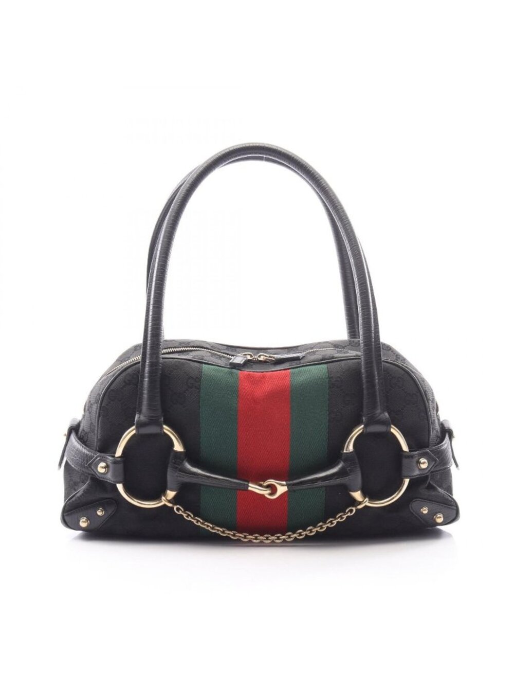 Gucci Horsebit GG Canvas Black Red Green Sherry Line Mini Boston Bag
